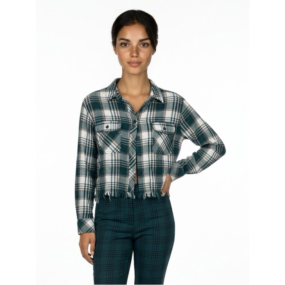 FOREVER 21 | Green Peach & White Plaid Cropped Button Down Shirt Women’s Size M